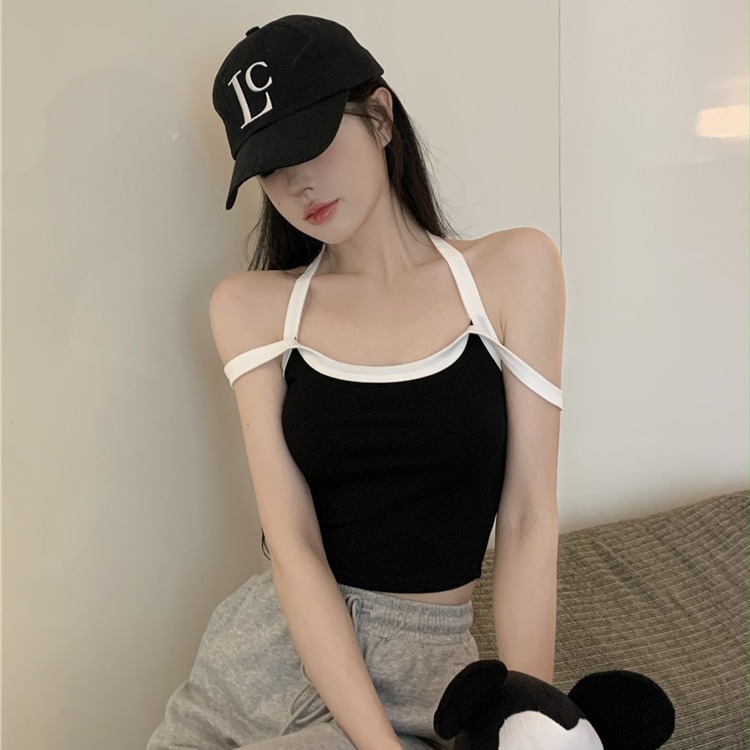 Nuevo dulce y picante color a juego camisola mujeres Cruz sexy corto desgaste interior belleza espalda elástica Slim desgaste exterior verano