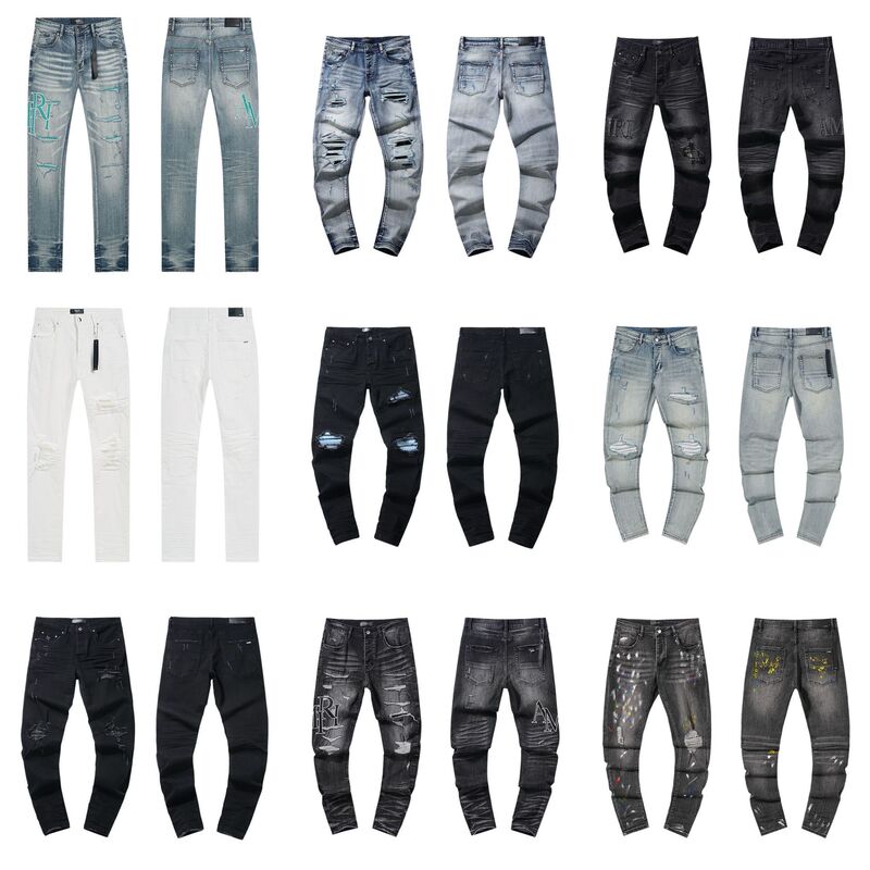Cross-border European and American AM jeans, washed, distressed, vintage, ripped, with splatter paint, American heavy-duty style, versatile and trendy for men Cross-border European and American AM jeans, washed, distressed, vintage, ripped, with splatter paint, American heavy-duty style, versatile and trendy for men