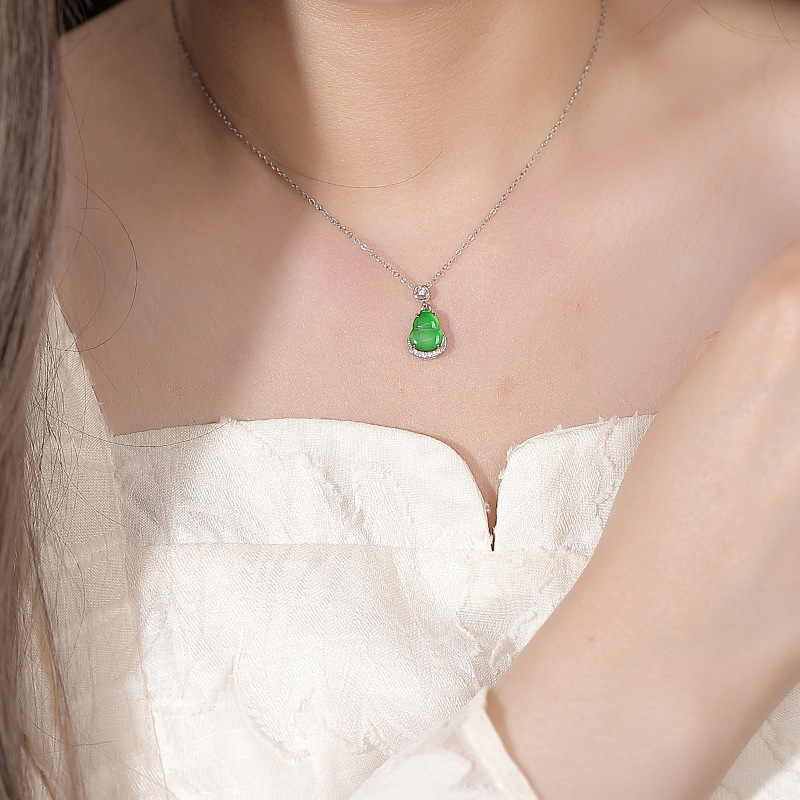 Mặt dây chuyền bạc S925 hình hồ lô phong thủy đính đá xanh ngọc bích — Màu xanh ngọc bích
