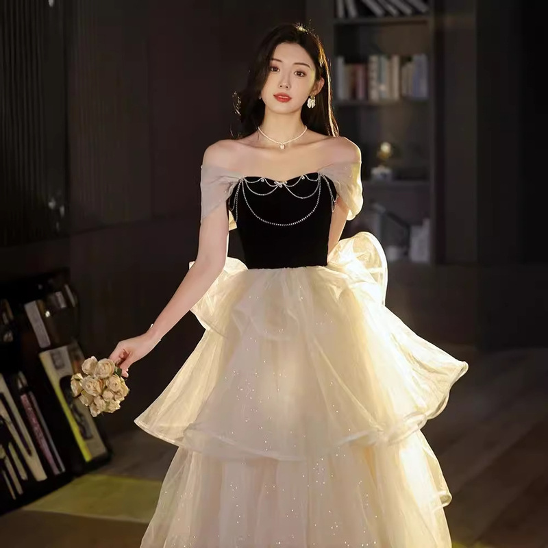 French style evening dress for women, high-end, high-end, light luxury, off-shoulder, super fairy, graduation, adult art exam