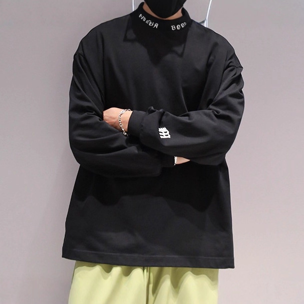 跨境有术原创中高领棉长袖T恤男春秋2024新款设计感百搭潮流打底