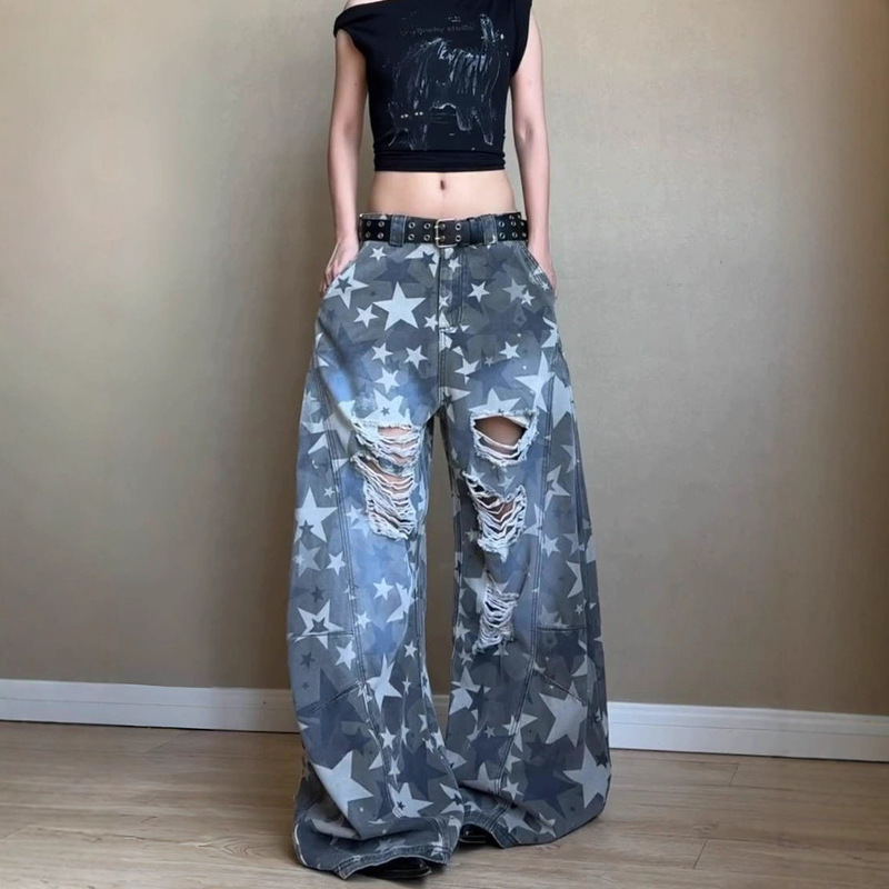 American Retro Star Print Distressed Ripped Jeans Unisex Street Style Yabi Punk Wide-Leg Pants