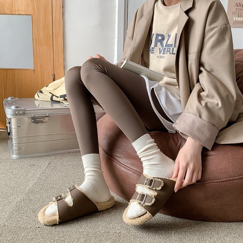 Autumn and winter new milk coffee color cashmere basic pile socks double needle solid color vertical strip women's mid-tube socks wholesale for women