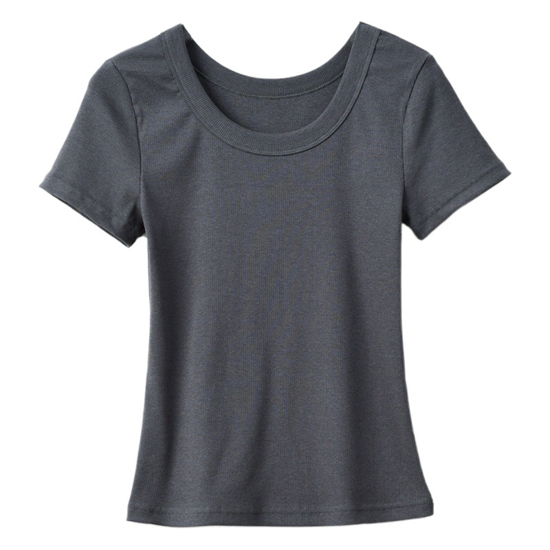 Camiseta de algodón premium seleccionado con cuello en U para mujer, manga corta, nuevo estilo de verano 2026, ajuste holgado, efecto adelgazante, sensación de alta gama, top, camiseta base.
