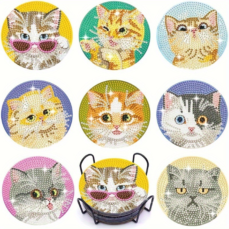 Ventas transfronterizas calientes de 8 piezas de conjunto de cojín de taza de arte de diamante, con soporte, pequeño conjunto de pintura de diamante, adecuado para adultos