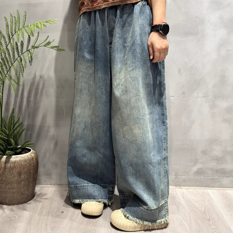 Frayed Hem Jeans 2026 Spring New Style Elastic Waist Vintage Loose Casual Wide-Leg Pants for Women 8609