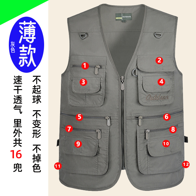 Cajá de verano delgado gran tamaño al aire libre multibolsillo chaleco de cámara reportero de pesca chaleco de herramientas de herramientas de caballo clip