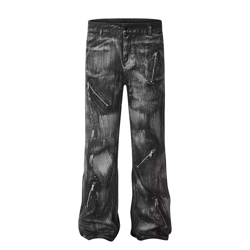 Men's Retro Distressed Flared Jeans High Street Style Loose Fit Zipper Design Cool And Edgy Long Pants_mkmklike.com