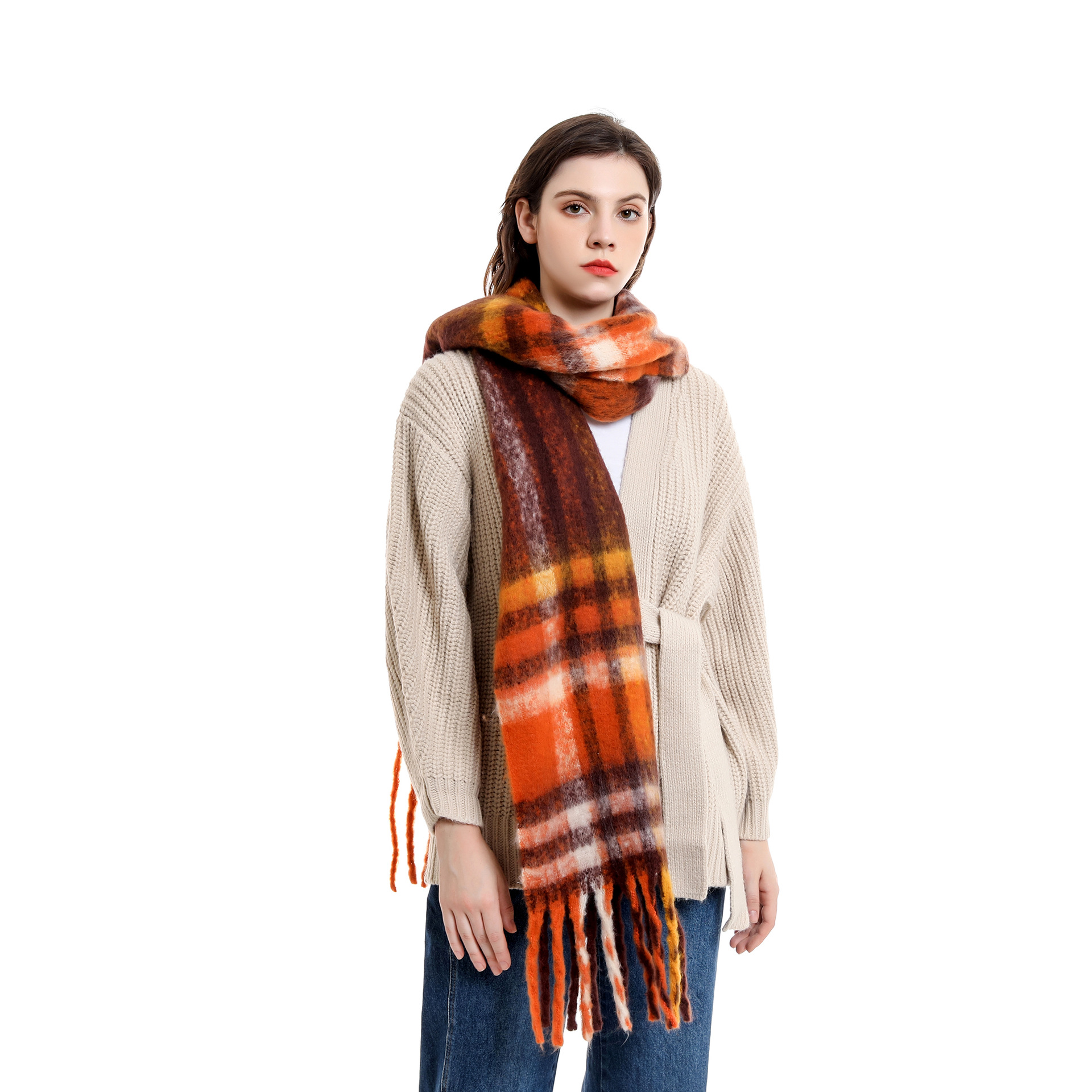 Las mujeres de estilo coreano Arco Iris bufanda a cuadros Otoño e Invierno Cachemira color a juego borla bufanda engrosada moda