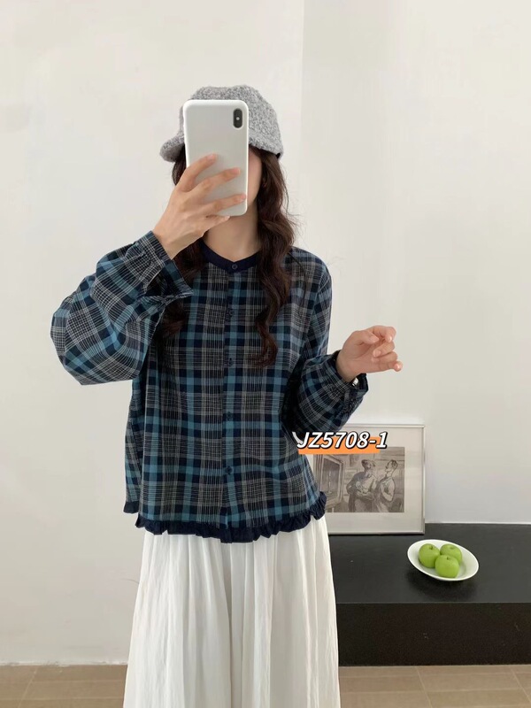 韩系圆领格子衬衫减龄显瘦花边下摆长袖上衣2025早秋开衫潮ZR|undefined