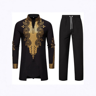 European and American New Men's African Style Robe Fashionable Bronzing Printed Suit European Size Muslim Casual Two-Piece Set