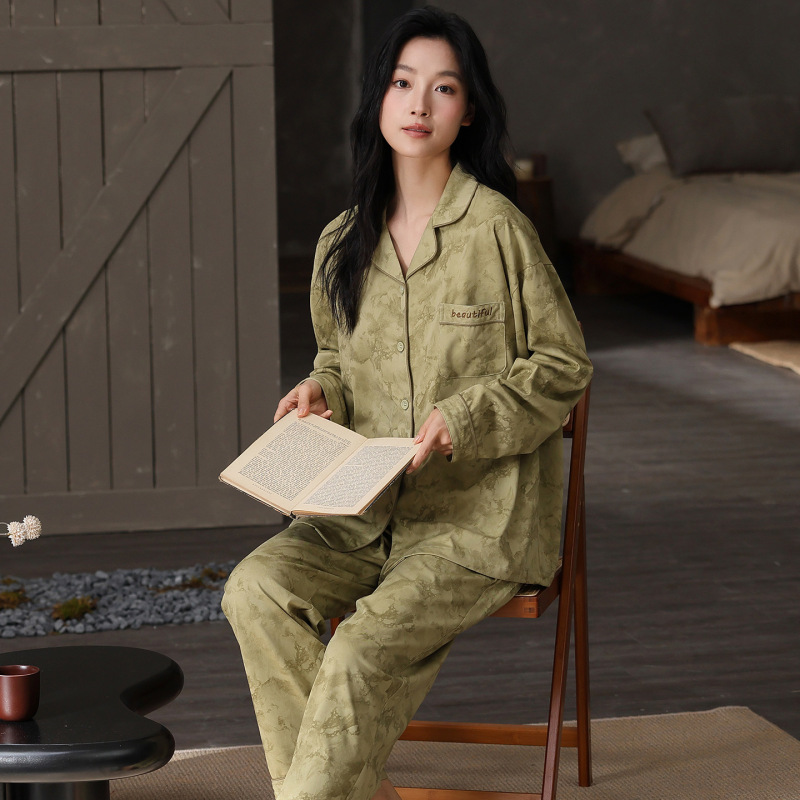 春秋新款睡衣女纯棉7A抗菌长袖长裤宽松开衫翻领家居服套装可外穿|undefined