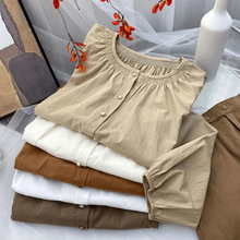 纯棉褶皱圆领衬衫女新款韩版百搭纯色长袖上衣女小衫春秋显瘦0267