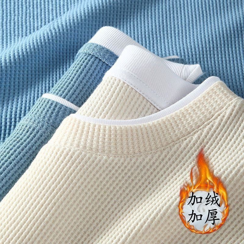 Fleece-Lined Thickened Waffle Two-Piece Sweatshirt Long-Sleeve Men's Plus-Size Base Shirt Solid Color Simple Affordable Crew Neck Top Fleece-Lined Thickened Waffle Two-Piece Sweatshirt Long-Sleeve Men's Plus-Size Base Shirt Solid Color Simple Affordable Crew Neck Top