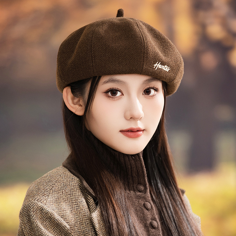 字母刺绣复古洋气南瓜帽女冬季斜纹时尚保暖贝雷帽气质潮搭画家帽|undefined