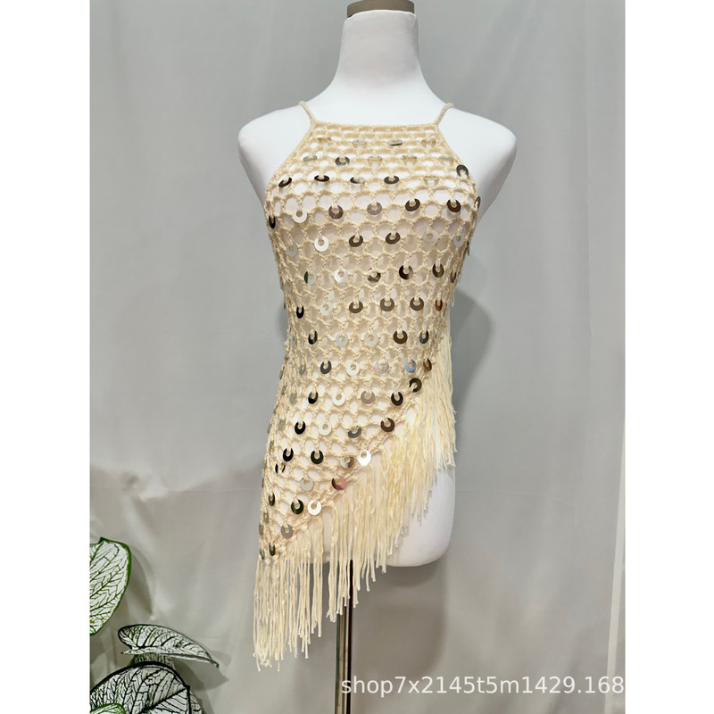 Hand-Crocheted Sequin Tassel Camisole with European and American Style Hollow-Out Design, New Summer High-End Top