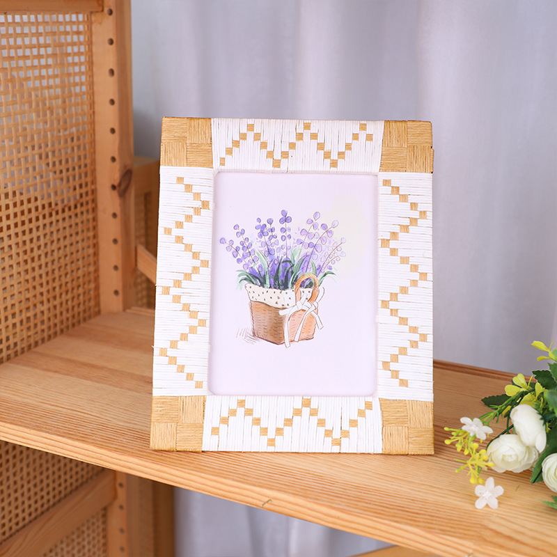 Cross-Border Rattan Photo Frame 5-Inch 6inch 7inch Paper Rope Picture Frame Retro Wall Hanging Decoration Desktop Solid Wood Table Photo Frame