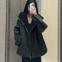 南油高版本25秋冬新款极简风TT灯芯绒拼接翻领风衣夹克外套女