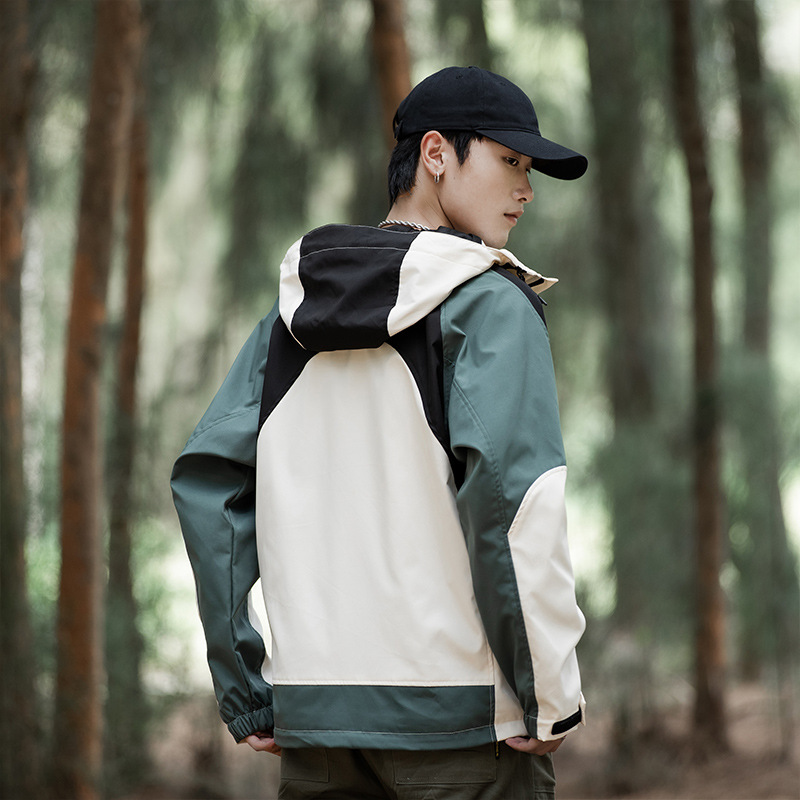 Men's autumn travel windproof waterproof jacket with hood outside…