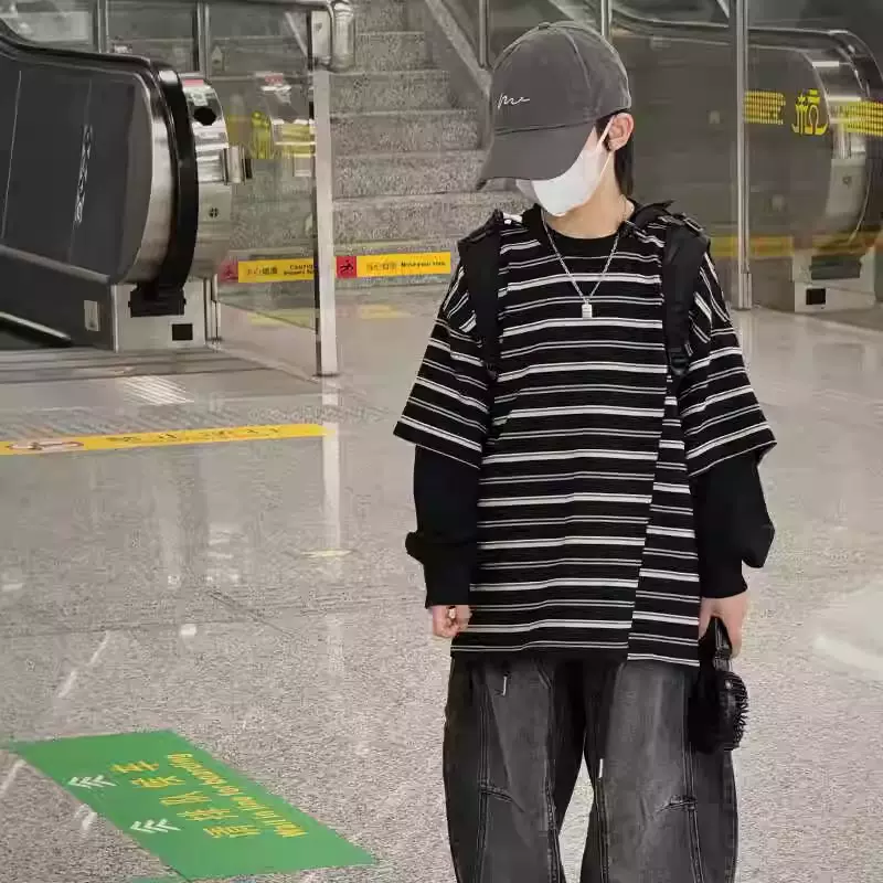 预售7天！儿童新款秋棉质假两件韩版休闲宽松T恤男女中大童