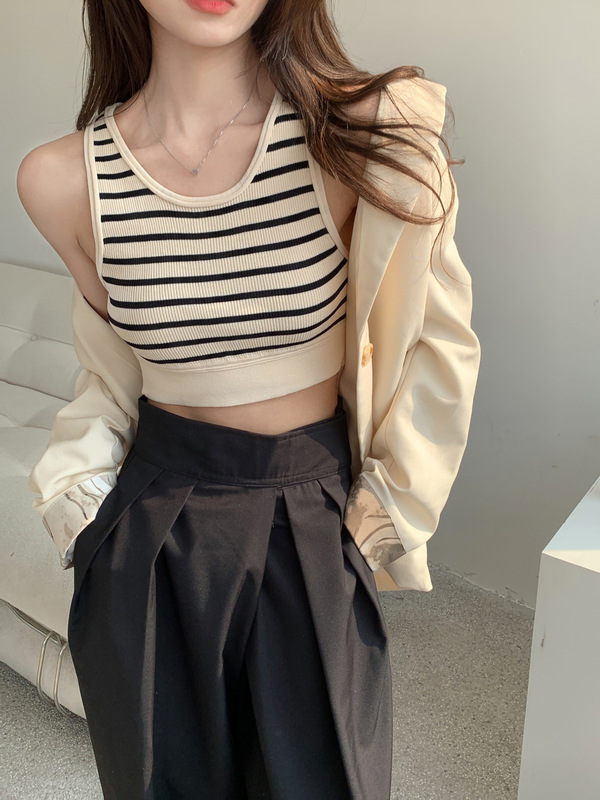 Sports Striped Knitted Camisole Women's Clothing 2025 Summer Hot Girl Tight-Fitting Outerwear Sexy Base Shirt Top Trendy