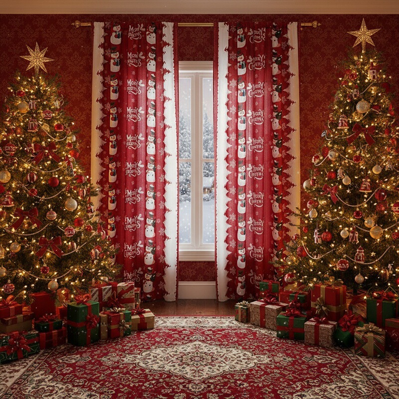 New American Christmas Curtains Christmas Theme Printed Cloth Blackout Rectangular Beautification Decorative Fabric Finished Curtains