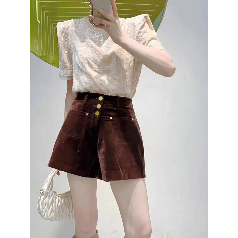 Shenzhen 2025 New Nanyou Women's European-Style High-Waisted Slimming Three-Button Fashionable Casual Velvet Wide-Leg Shorts for Women Shenzhen 2025 New Nanyou Women's European-Style High-Waisted Slimming Three-Button Fashionable Casual Velvet Wide-Leg Shorts for Women