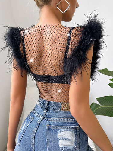 Export Trade New Style Hot Selling Slim Fit Dazzling Super Flash Ostrich Feather Sexy Rhinestone Fishnet Top XY20947 