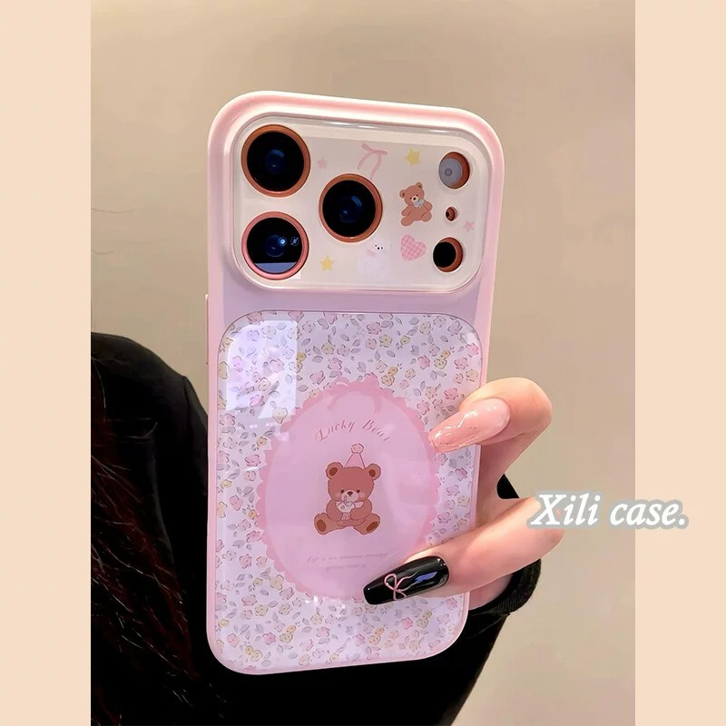 Pastoral style floral bear blue light case suitable for Apple IP16/17Pro, 15 two-in-one large view window, 14 series