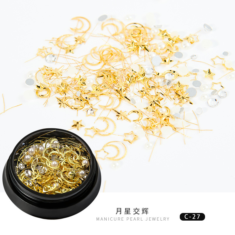Comercio exterior nueva manicura estrella Luna joyería mixta Caja Popular cobre ronda remache lentejuelas uñas diamante decoraciones belleza