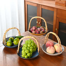 中式竹柄陶瓷果篮套装多色复古果盘提手创意果篮客厅家用水果收纳