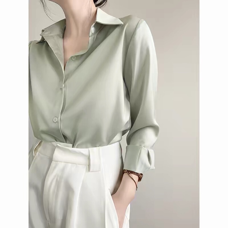Achu Casual and Simple High-End Green Satin Shirt for Women, Commuter Shirt with a Unique Design, Niche Top for Spring