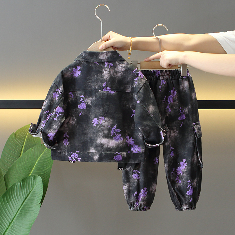 5980 traje de otoño para niños 2024 nuevo estilo primavera y otoño ropa de trabajo de aire occidental para niños de dos piezas chaqueta de teñido anudado para niños marea