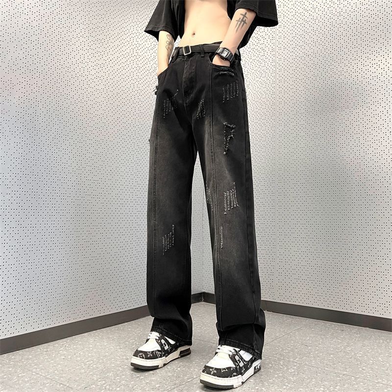 Autumn New Men's Pants High Street Wide Leg Ripped Jeans Men's Fashionable Loose Straight Barrel Fried Street Pants