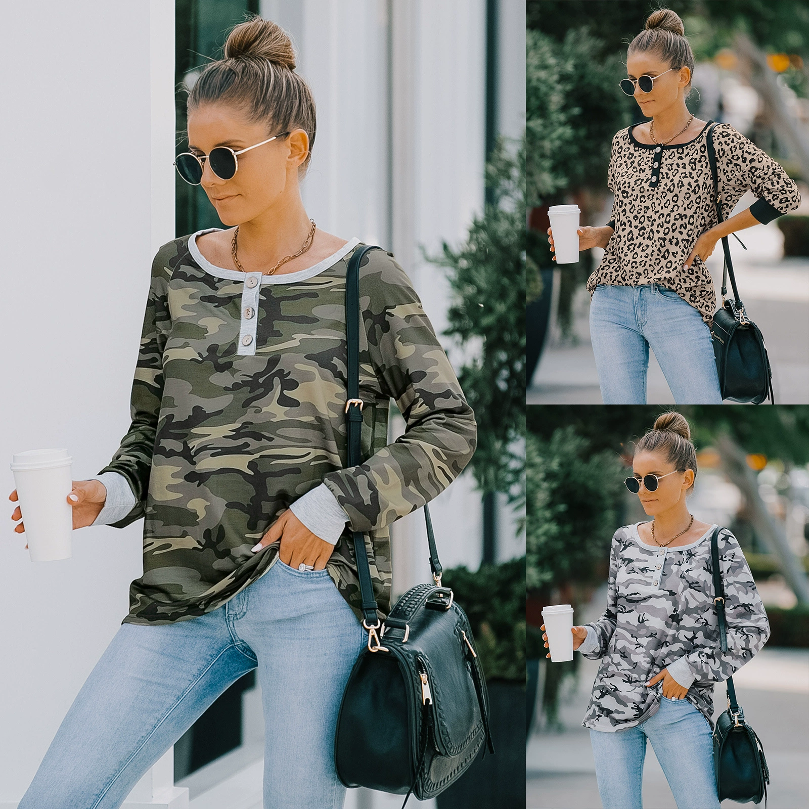 Amazon трансграничная Европейская и американская женская одежда 2023 осень и зима Новое желание независимая станция взрыв камуфляжная одежда футболка с длинным рукавом женская