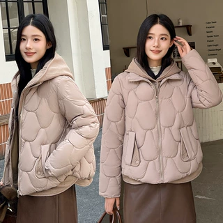 外贸假两件外套新羽绒棉衣短款棉服女冬装针织连帽棉袄宽松大码厚