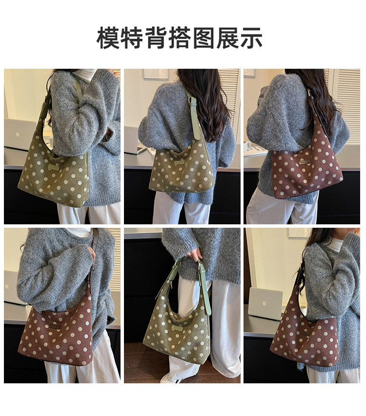 Túi đeo chéo nữ dáng tote mềm, họa tiết chấm bi, khóa kéo, có ngăn lót — Rượu vang đỏ, màu cà phê, màu kaki, xanh lá cây chi tiết 9