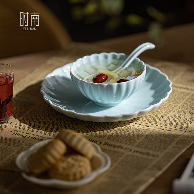 Ceramic celadon antique style bowl dish suit Chinese style dessert sweet soup bowl plate Chinese style simple restaurant hotel table