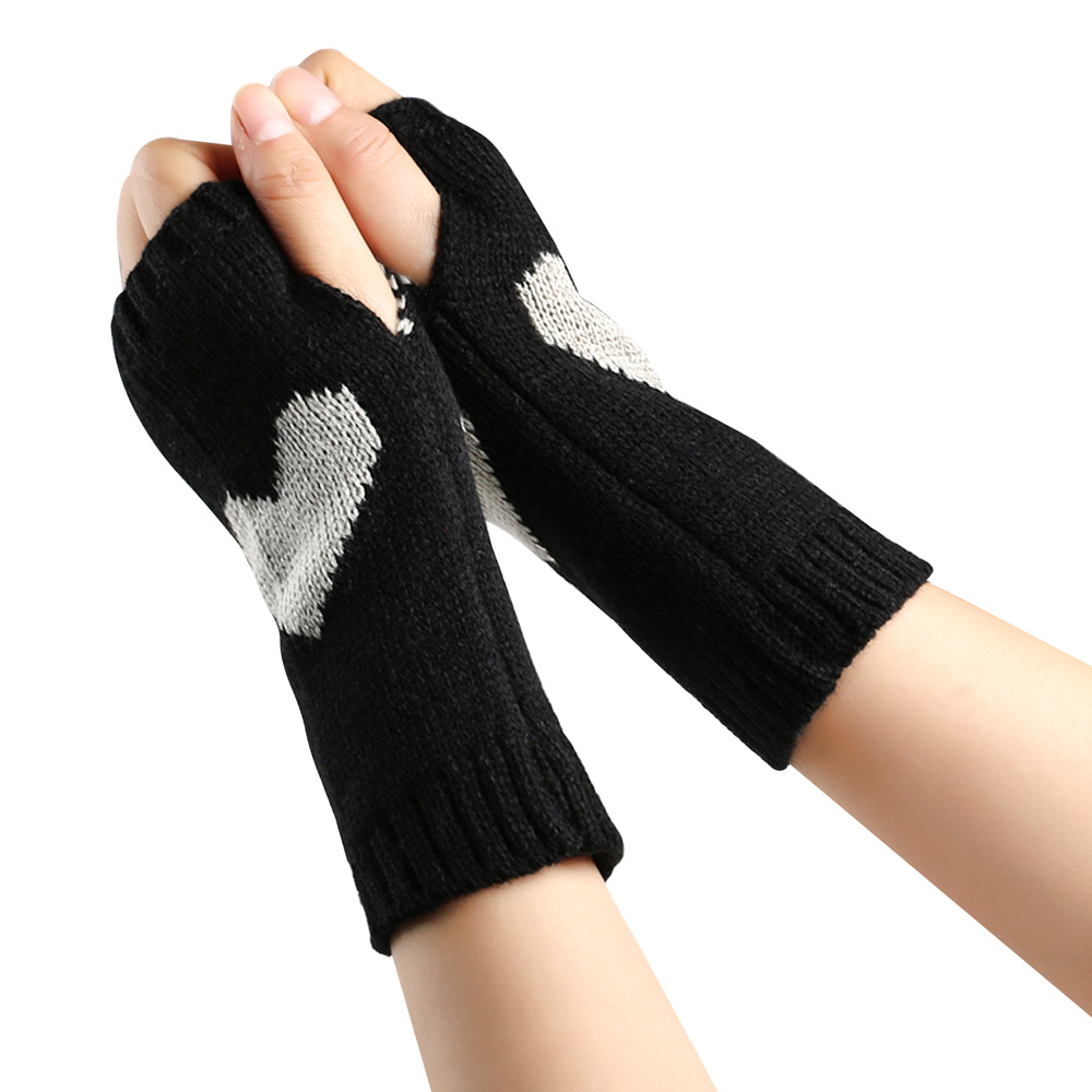 Κοντά μισά δάχτυλα για φοιτητικό γραφείο, μανίκια ροδακινί, πλεκτά γάντια αγάπης με ζεστή καρδιά_voghion.com