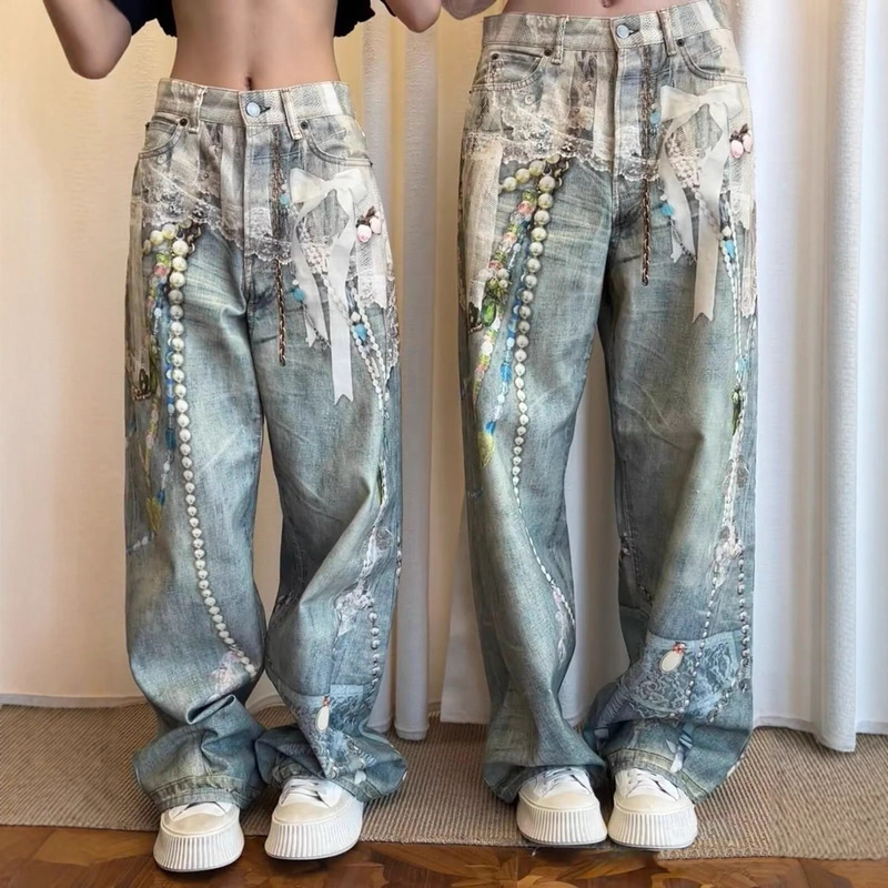 American High Street Style 2025 Early Autumn New Denim 3D Printed Lace Pearl Chain Distressed Straight Jeans for Women