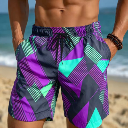Men's retro 80s neon geometric print drawstring shorts, casual loose-fitting swim trunks and casual shorts Men's retro 80s neon geometric print drawstring shorts, casual loose-fitting swim trunks and casual shorts