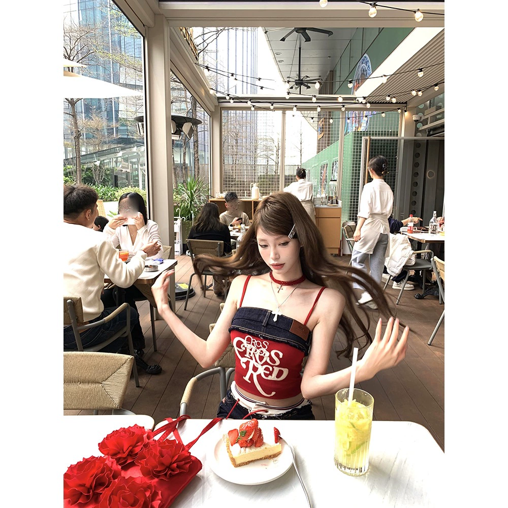 Джинсовая майка с буквенным принтом, женская летняя тонкая верхняя одежда без рукавов, дизайн, топ контрастного цвета для горячих девушек