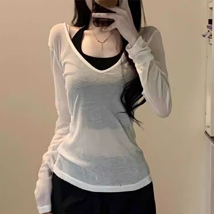 Slim-Fit Sling Sunscreen Blouse Two-Piece Set 2024 Autumn Style Outer Wear Thin Gauze Long-Sleeved T-Shirt Top Women's Fashion