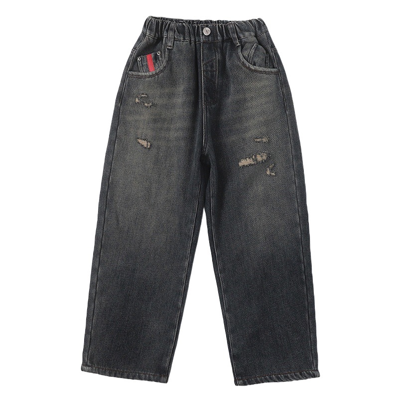 Boys' Straight-Leg Jeans for Spring and Autumn, Casual Wide-Leg Pants for Older Children, Children's Ripped Loose Pants, Long Pants