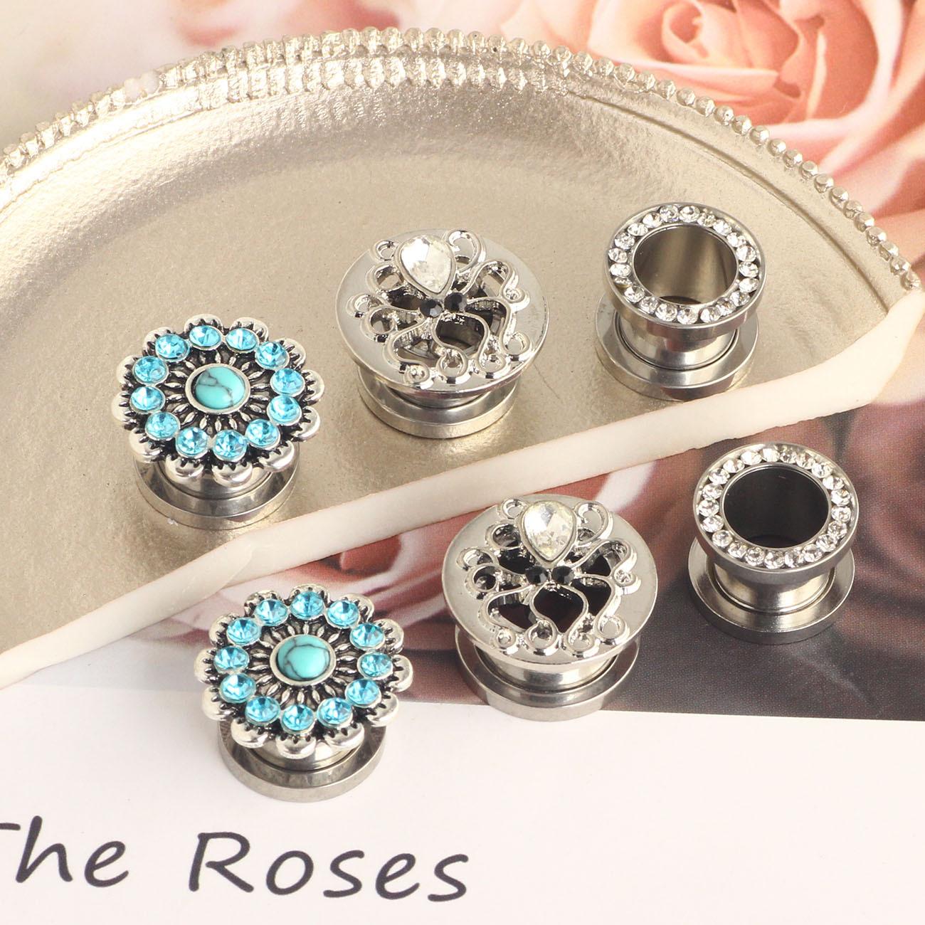 Stainless Steel Turquoise Octopus Ear Expander I-Shaped Roller Slide Thread Unscrew Body Piercing 6-Piece Set detail image 7