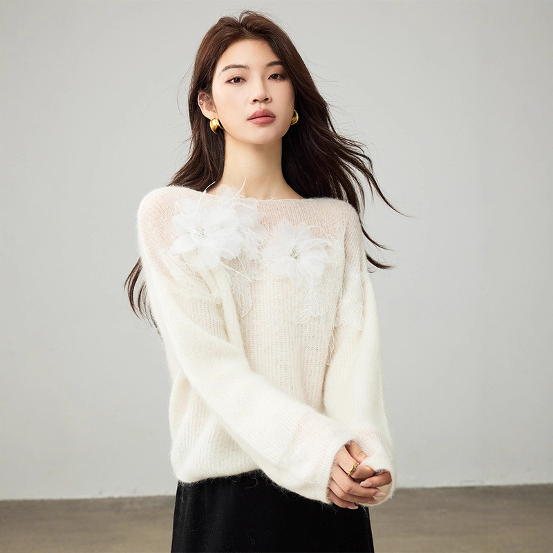 [White Swan] Flower Beaded Mohair Sweater for Women 26 New Early Spring Women's Fashion Lazy Style Wool Knitwear