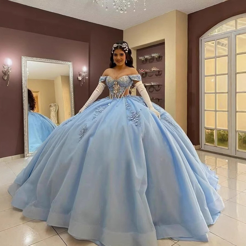 Foreign Trade Evening Dress, Off-Shoulder, Light Blue, Large Skirt, Trailing, Colorful, 2026 New Style, Coming-Of-Age Ceremony, Prom, Princess Dress