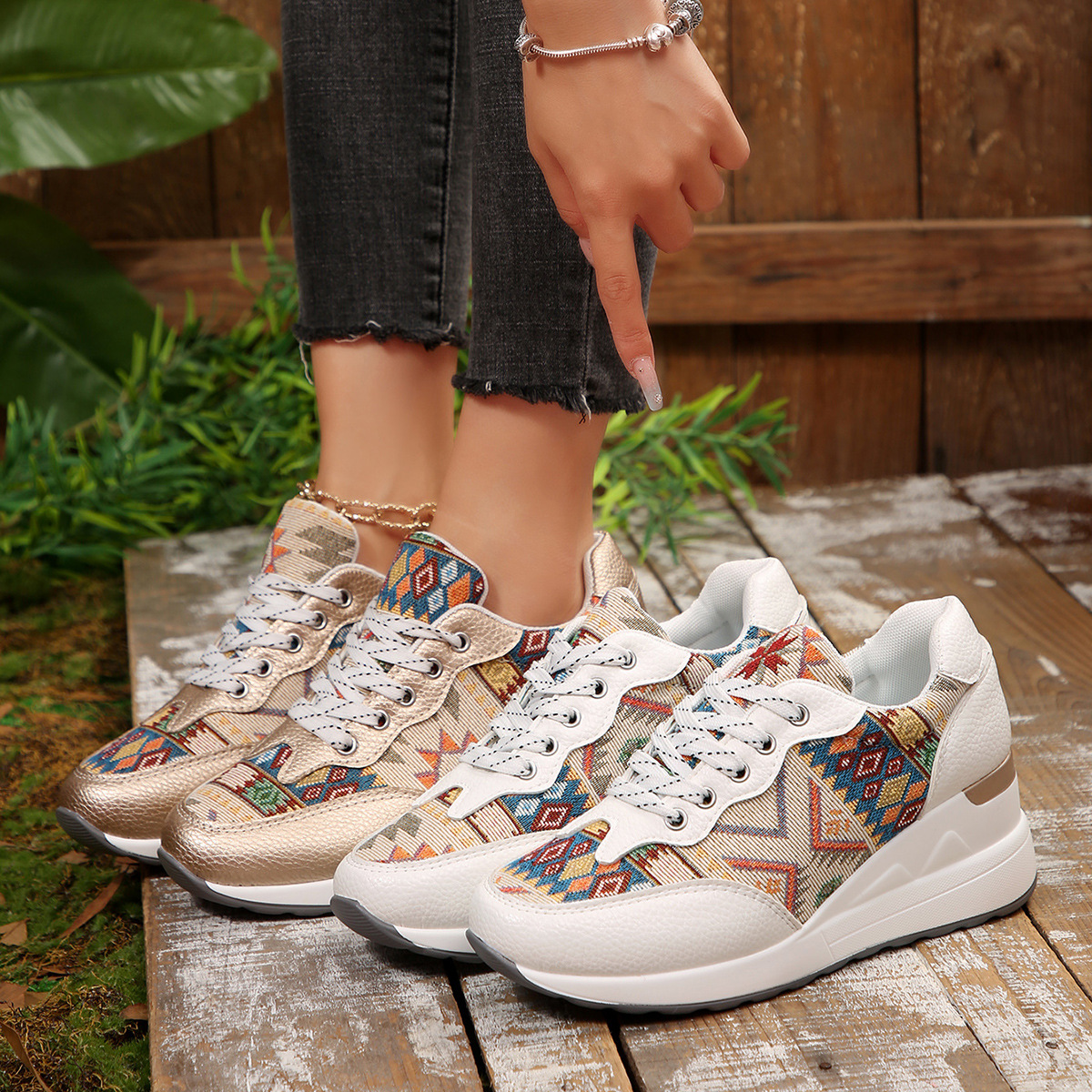 2025 New Autum Export Casual Sports Shoes Women's Wedge Ethnic Style Color Matching Cloth Forrest Gump Trendy Shoes 43
