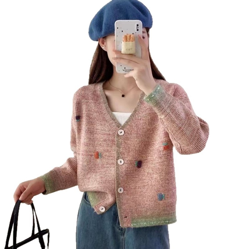花朵毛衣女 2025秋新款文艺宽松休闲V领短款韩系甜美毛衣外套 507|undefined