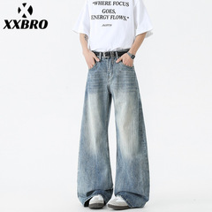 Xxbroメンズ # アメリカ式ファッションブランド竹節紋ジーパン水洗いライトブルーcleanfit曲刀ズボン男性ワイドパンツ